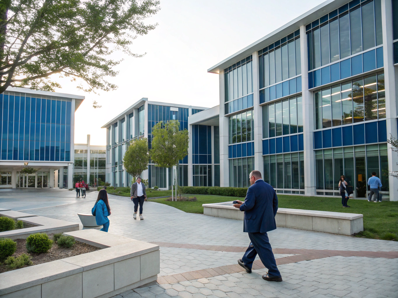 Modern glass campus reflecting heritage stone building